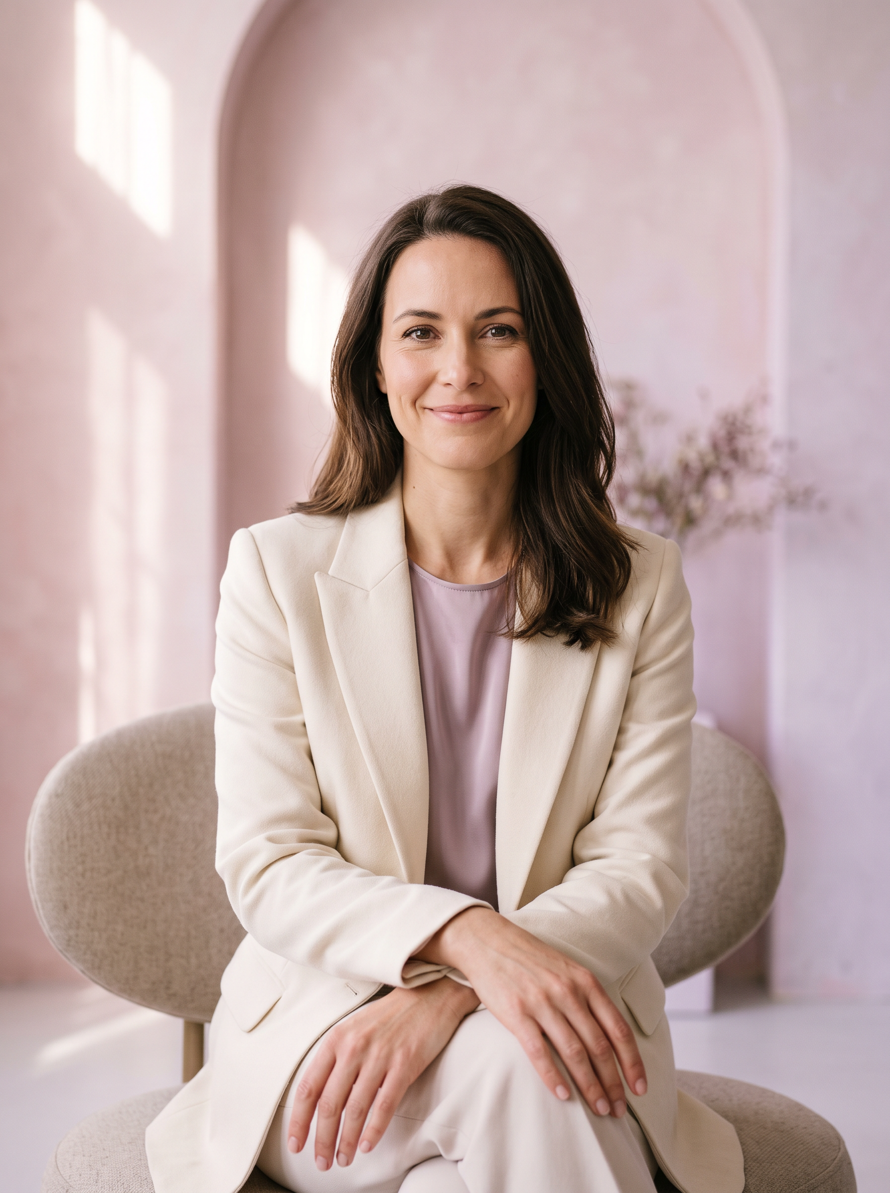 Fictional professional life coach seated and smiling in a blush and lavender studio setting